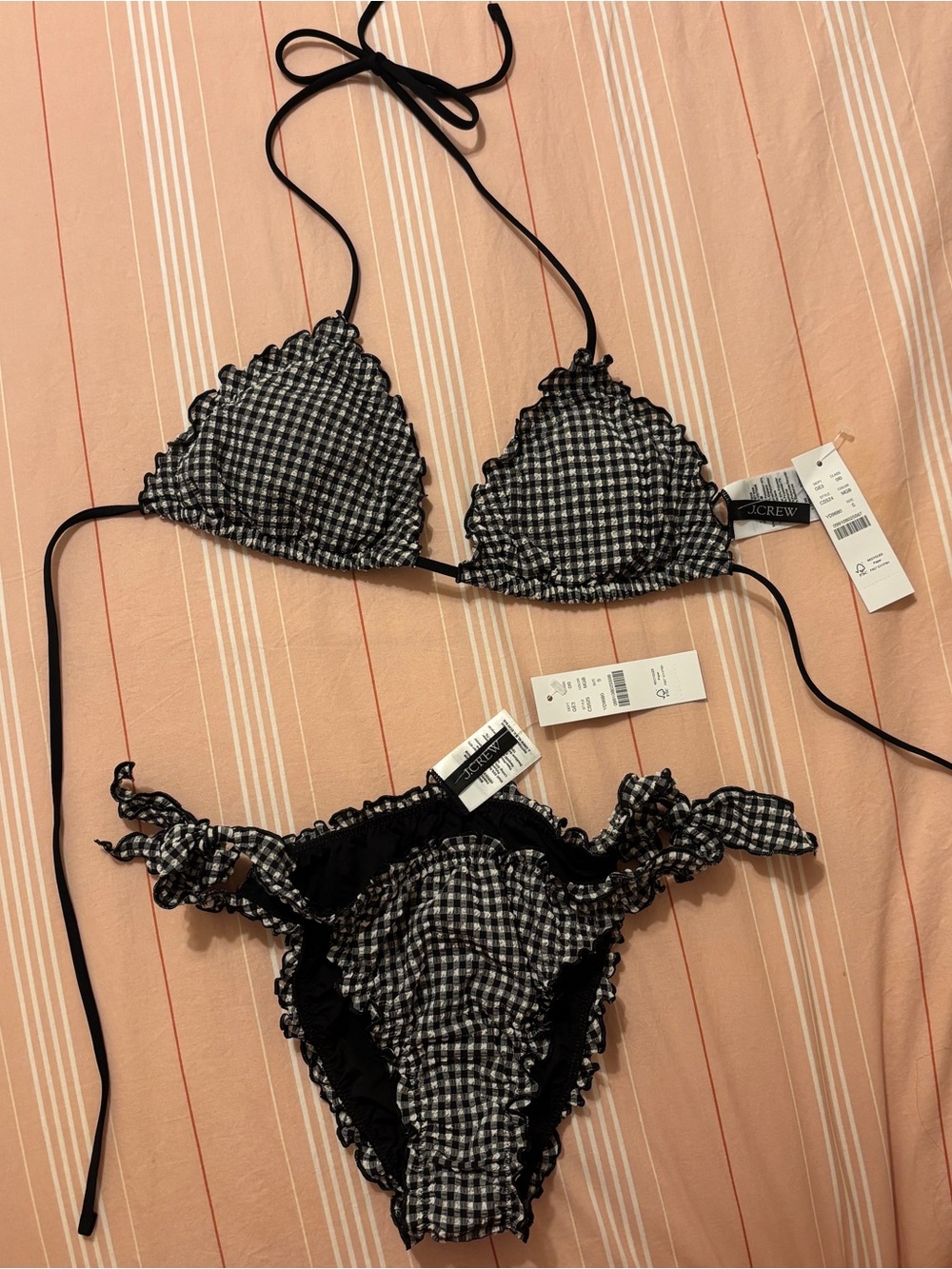J. Crew Black & White Gingham Ruffle Triangle Bikini